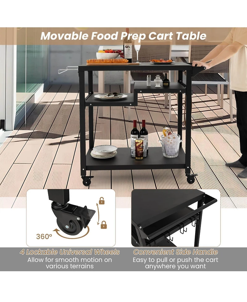 Skonyon Rolling Grill Cart 3-Shelf Bbq Cart with Hooks and Side Handle-Black