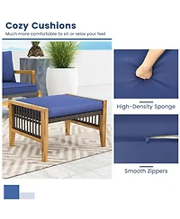 Skonyon Patio Acacia Wood Ottomans with Cushions and Versatile Rattan Woven Footstools-Navy