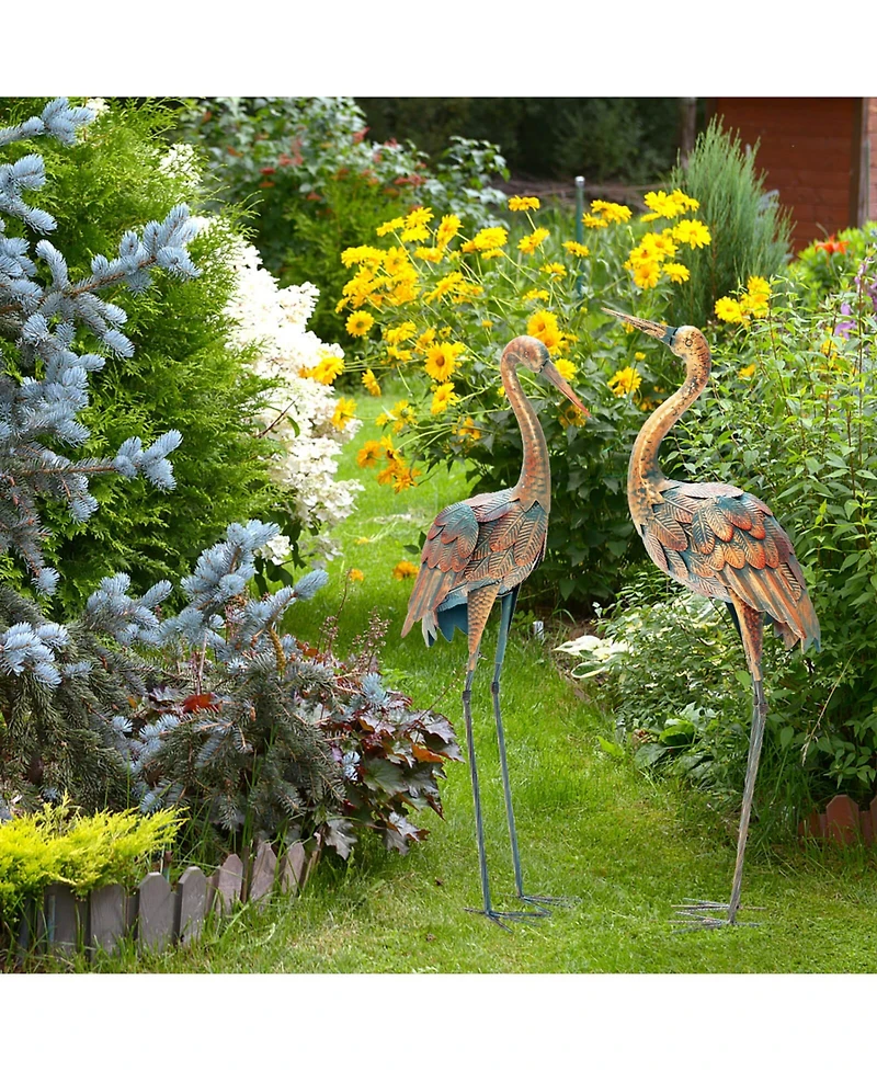 Skonyon Set of 2 Crane Garden Statues Standing Metal Crane Sculptures Bird
