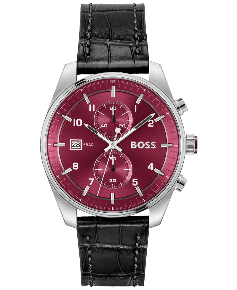 Hugo Boss Men's Sky Traveler Quartz Fashion Chrono Black Croc Leather Watch 44mm