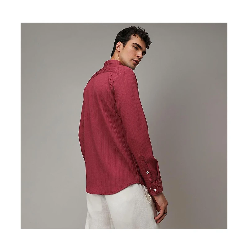 Men's Blush Red Self-Design Striped Shirt