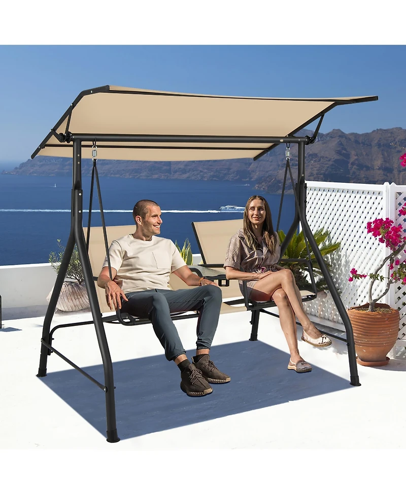 Costway 2-Seat Outdoor Patio Swing Adjustable Canopy Tempered Glass Table Top Cup Holder Beige