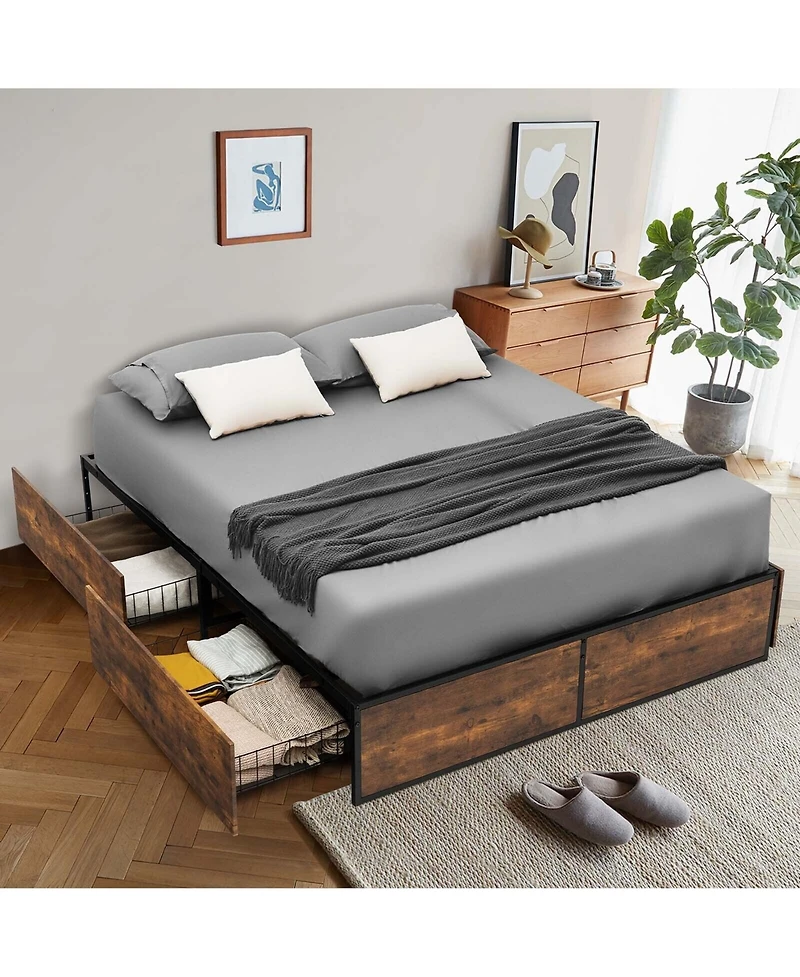 Gymax Full Industrial Metal Platform Bed Frame with 4 Drawers Wooden Footboard