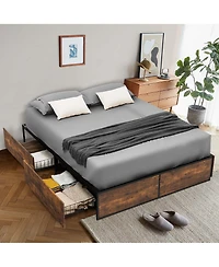 Gymax Full Industrial Metal Platform Bed Frame with 4 Drawers Wooden Footboard