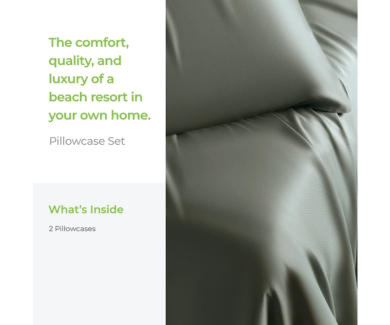 Cariloha Retreat 2-Piece Sateen Pillowcase Set | Oasis Green |King | Lyocell Material | Breathable, Corner Straps, Extra soft & Cooling