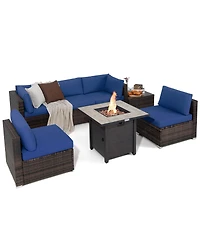 7PCS Patio Rattan Furniture Set 30'' Fire Pit Table Cover Cushion Sofa