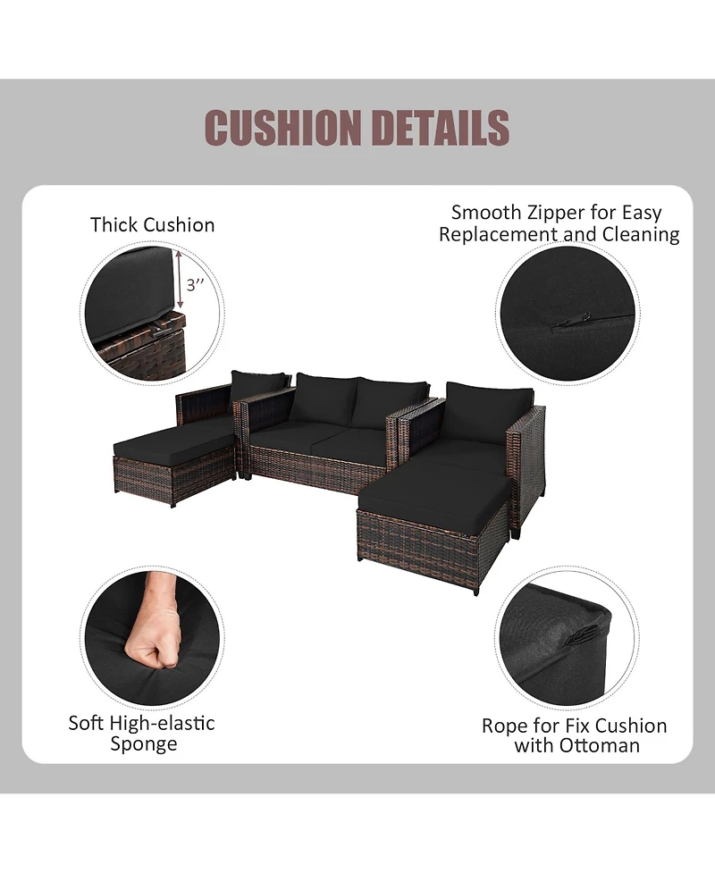 5PCS Patio Rattan Furniture Set Loveseat Sofa Ottoman Cushioned