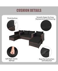 5PCS Patio Rattan Furniture Set Loveseat Sofa Ottoman Cushioned
