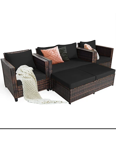 5PCS Patio Rattan Furniture Set Loveseat Sofa Ottoman Cushioned