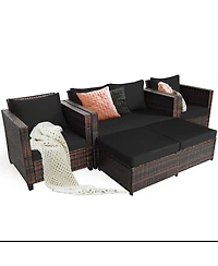 5PCS Patio Rattan Furniture Set Loveseat Sofa Ottoman Cushioned