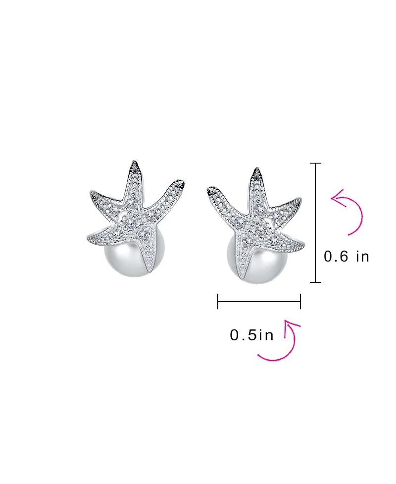 Bling Jewelry Nautical Round White Simulated Pearl Starfish Drop Earrings Sterling Silver