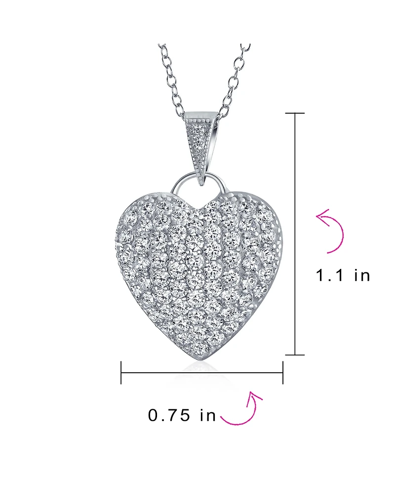Bling Jewelry Elegant Large Pave Cubic Zirconia Cz Puff Heart Shape Pendant Necklace Sterling Silver Filigree Back