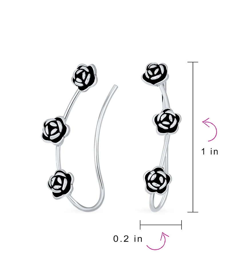 Bling Jewelry Retro 3D Flower Three Roses Wire Ear Pin Climbers Crawlers Rose Earrings Oxidized Sterling Silver