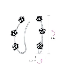 Bling Jewelry Retro 3D Flower Three Roses Wire Ear Pin Climbers Crawlers Rose Earrings Oxidized Sterling Silver