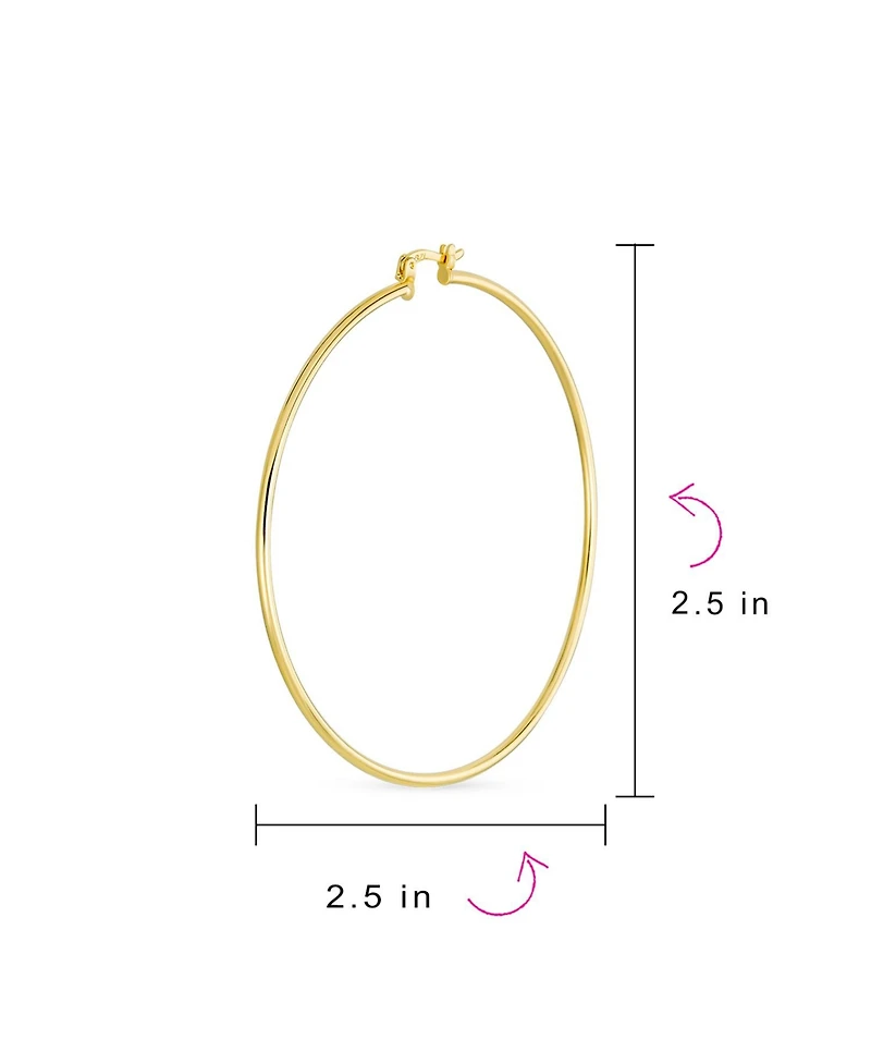 Bling Jewelry Minimalist Lightweight Round Thin Tube Big Large Hoop Earrings Yellow Gold Plated Brass 2.5 Inch Diameter