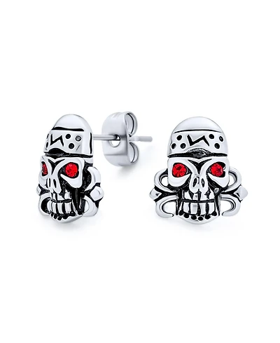 Bling Jewelry Halloween Dia De Los Muertos Caribbean Pirate Skull Red Crystal Eyes Stud Earrings Silver Tone Black Oxidized Stainless Steel