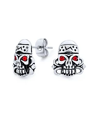 Bling Jewelry Halloween Dia De Los Muertos Caribbean Pirate Skull Red Crystal Eyes Stud Earrings Silver Tone Black Oxidized Stainless Steel