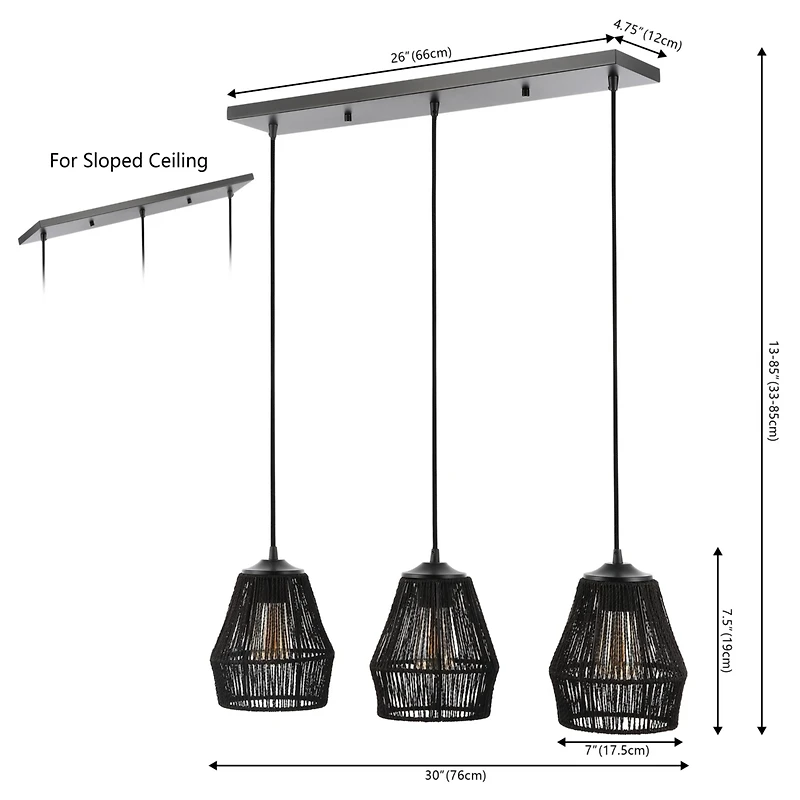 Jonathan Y Ibiza Island 30" 3-Light Woven Rope/Metal Bohemian Coastal Led Linear Pendant, Black