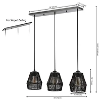 Jonathan Y Ibiza Island 30" 3-Light Woven Rope/Metal Bohemian Coastal Led Linear Pendant, Black