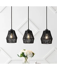 Jonathan Y Ibiza Island 30" 3-Light Woven Rope/Metal Bohemian Coastal Led Linear Pendant, Black