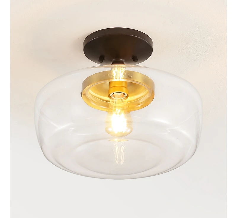 Jonathan Y Marfa 14" Glass/Iron Farmhouse Modern Led Flush Mount, Nickel