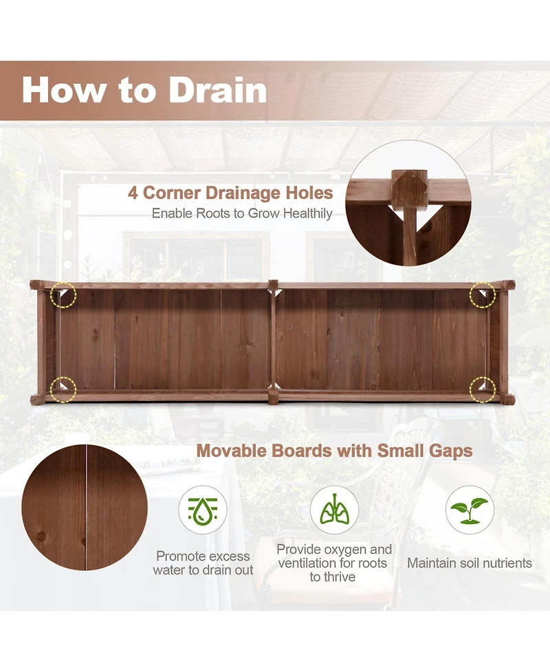 Skonyon 91 x 24 x 16 Inch Divisible Planter Box with Corner Drainage and Non-woven Liner for Growing Vegetables-Brown