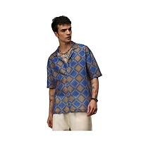 Campus Sutra Men's Royal Blue & Mocha Brown Geometric Block Oversized Shirt