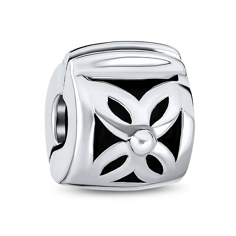 Bling Jewelry Floral Daisy Spacer Stopper Barrel Bead Charm Oxidized Sterling Silver Snap Clasp Fits European Bracelet