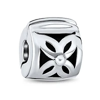 Bling Jewelry Floral Daisy Spacer Stopper Barrel Bead Charm Oxidized Sterling Silver Snap Clasp Fits European Bracelet