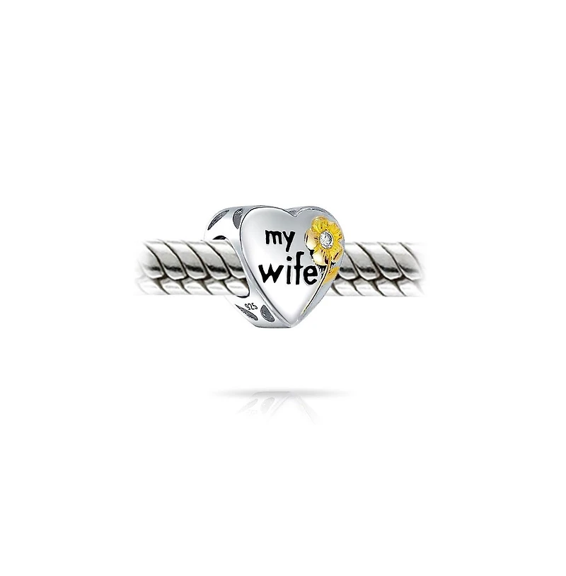 Bling Jewelry Flower Daisy Cz Accent Heart Shape Word Words My Wife Charm Bead Two Tone Gold Plated Sterling Silver Fit European Bracelet
