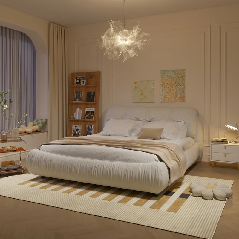 Streamdale King Upholstered Platform Bed with Oversized Backrest, Beige