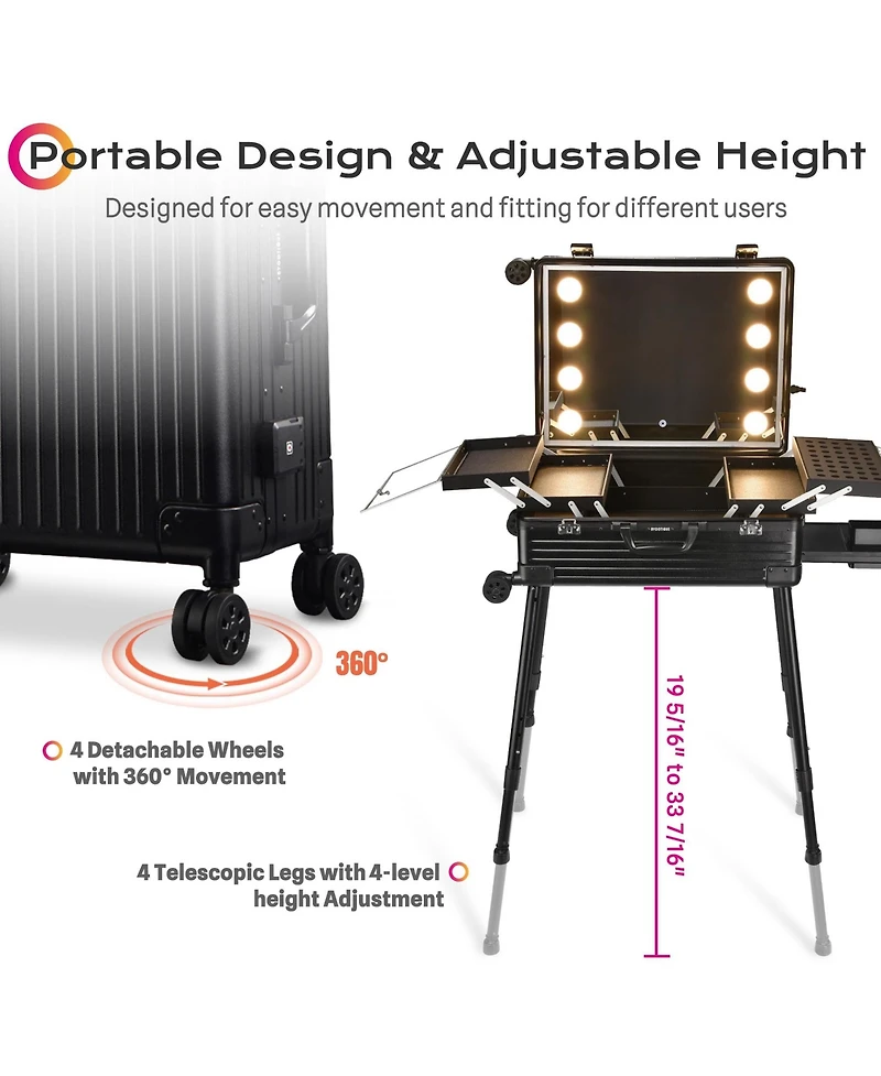 Byootique Rolling Makeup Case 24 Inch Led Lighted Mirror Cosmetic Travel Trolley