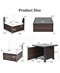 7PCS Patio Rattan Furniture Set Fire Pit Table Cover Glass Top Cushion