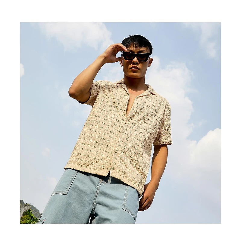 Men's Beige Embroidered Flora Shirt
