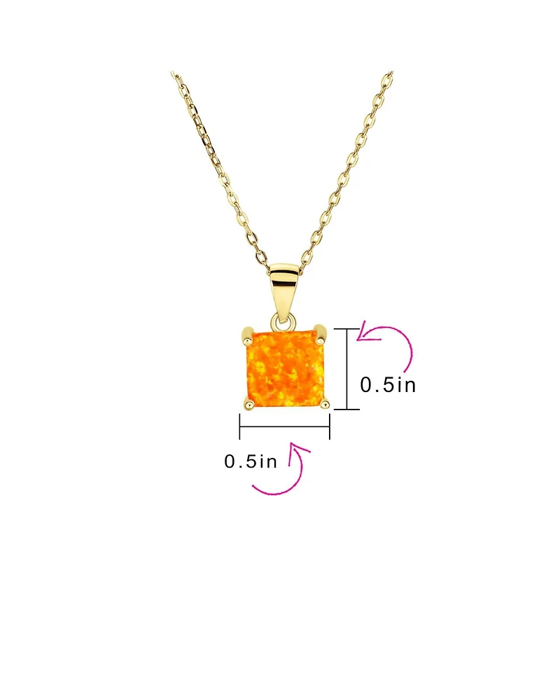 Bling Jewelry Dainty 1.25 Ct Square Solitaire Princess Cut Orange Synthetic Opal Pendant Necklace Gold Plated Sterling Silver