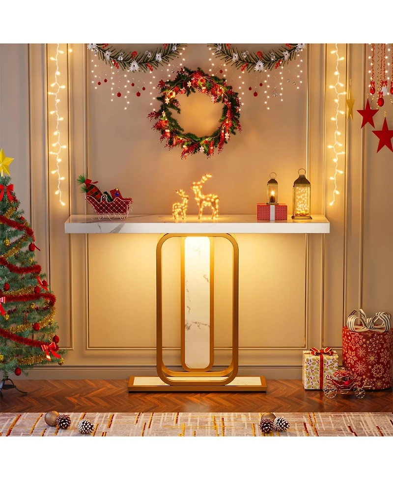 Tribesigns Modern Gold White Console Table with Led Lights, 41.3 Inch Entryway Hallway Foyer Accent Table with Faux Marble Veneer for Living Room, Ent