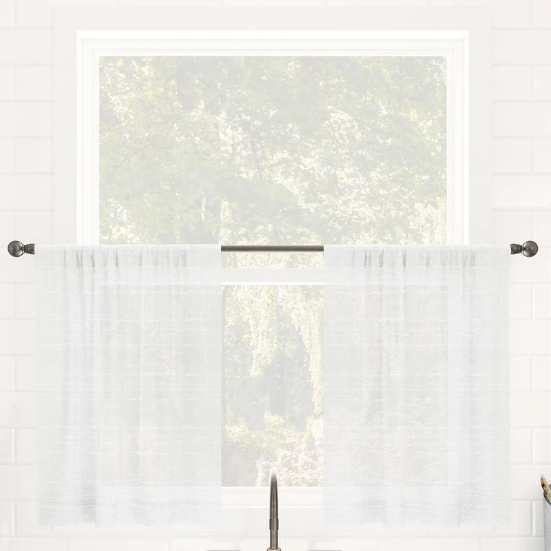 Textured Slub Stripe Anti-Dust Linen Blend Sheer Cafe Curtain Pair