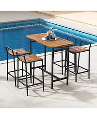 Skonyon 5 Piece Acacia Wood Bar Table Set Bar Height Table and Chairs with Metal Frame and Footrest