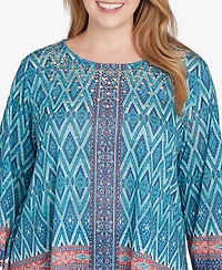 Ruby Rd. Plus Embellished Scoop Neck Placement Print Slub Jersey Sharkbite Top