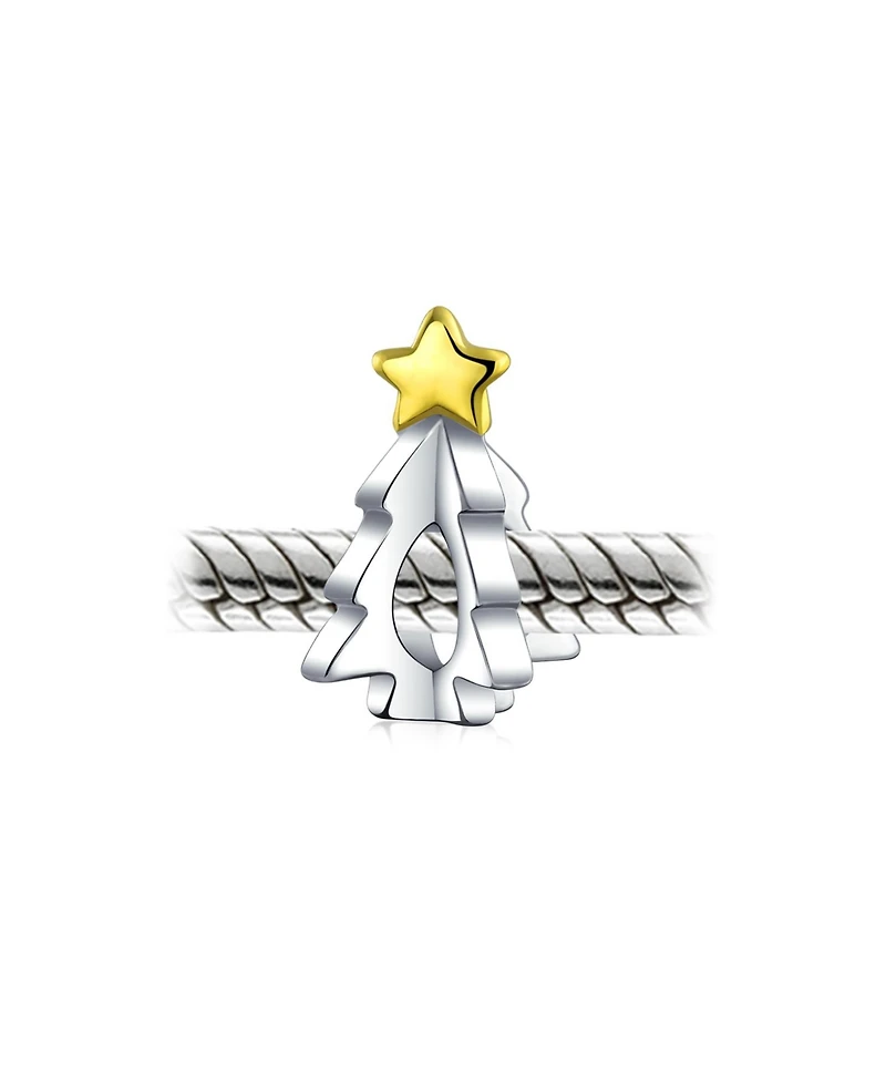 Bling Jewelry Festive Shining Star Decorated Holiday Christmas Tree Charm Bead Two Tone 14K Plated Oxidized Sterling Silver For Charm Bracelet