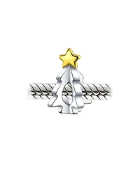 Bling Jewelry Festive Shining Star Decorated Holiday Christmas Tree Charm Bead Two Tone 14K Plated Oxidized Sterling Silver For Charm Bracelet