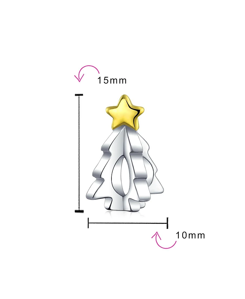 Bling Jewelry Festive Shining Star Decorated Holiday Christmas Tree Charm Bead Two Tone 14K Plated Oxidized Sterling Silver For Charm Bracelet
