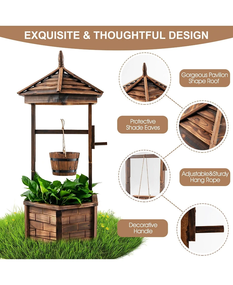 Skonyon Rustic Wooden Wishing Well with Adjustable Hanging Bucket-Brown
