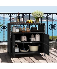 Patio Rattan Storage Cabinet with Acacia Wood Countertop Open Shelf 2 Door