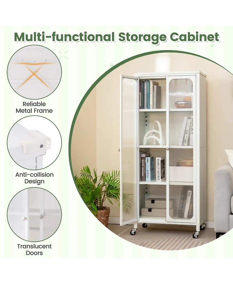 Sugift Glass Doors Storage Cabinet with Wheels and Adjustable Shelves