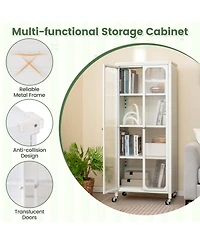 Sugift Glass Doors Storage Cabinet with Wheels and Adjustable Shelves