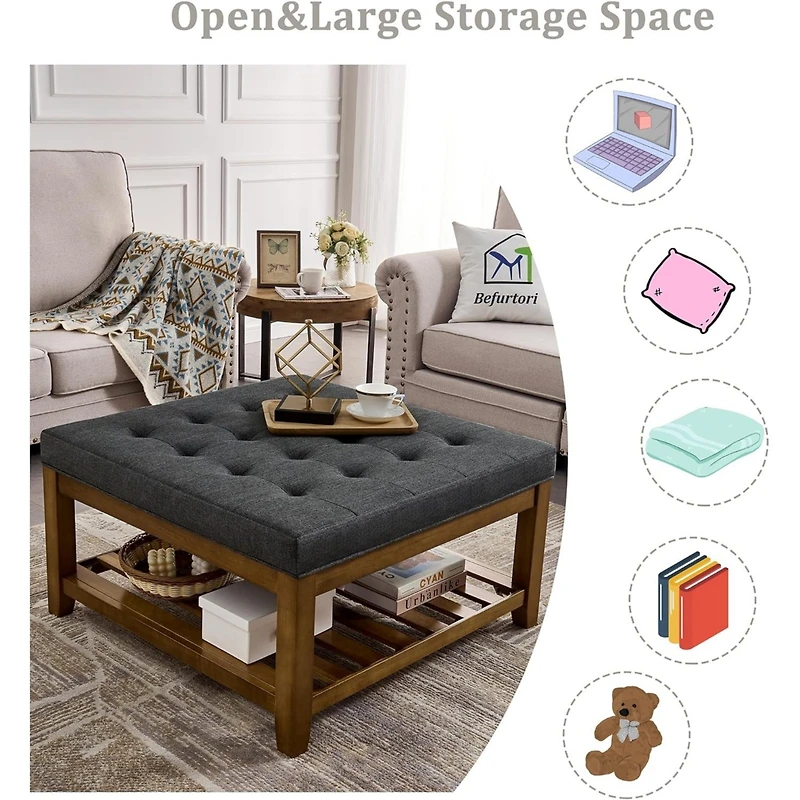 Streamdale Linen-Tufted Coffee Table Ottoman with Beechwood Shelf and Frame