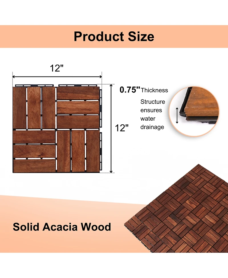 Simplie Fun Acacia Wood Checker Pattern Deck Tiles (12x12, 10-Pack) for Patio, Balcony, Etc