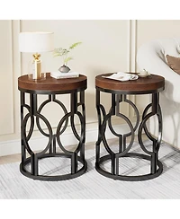 Tribesigns Round End Table Set of 2, Industrial Side Table with Metal Hollow Frame, Small Bedside Table Nightstand for Living Room, Bedroom, Easy Asse