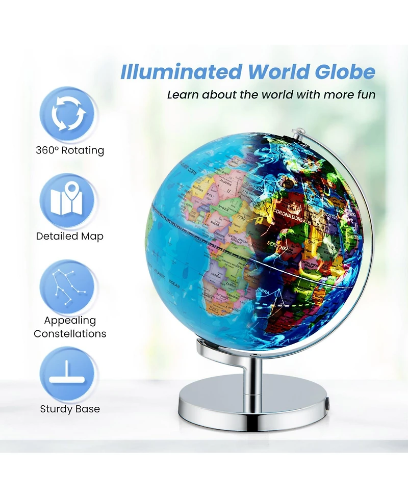 3-in-1 Illuminated World Globe with Stand and 88 Constellations